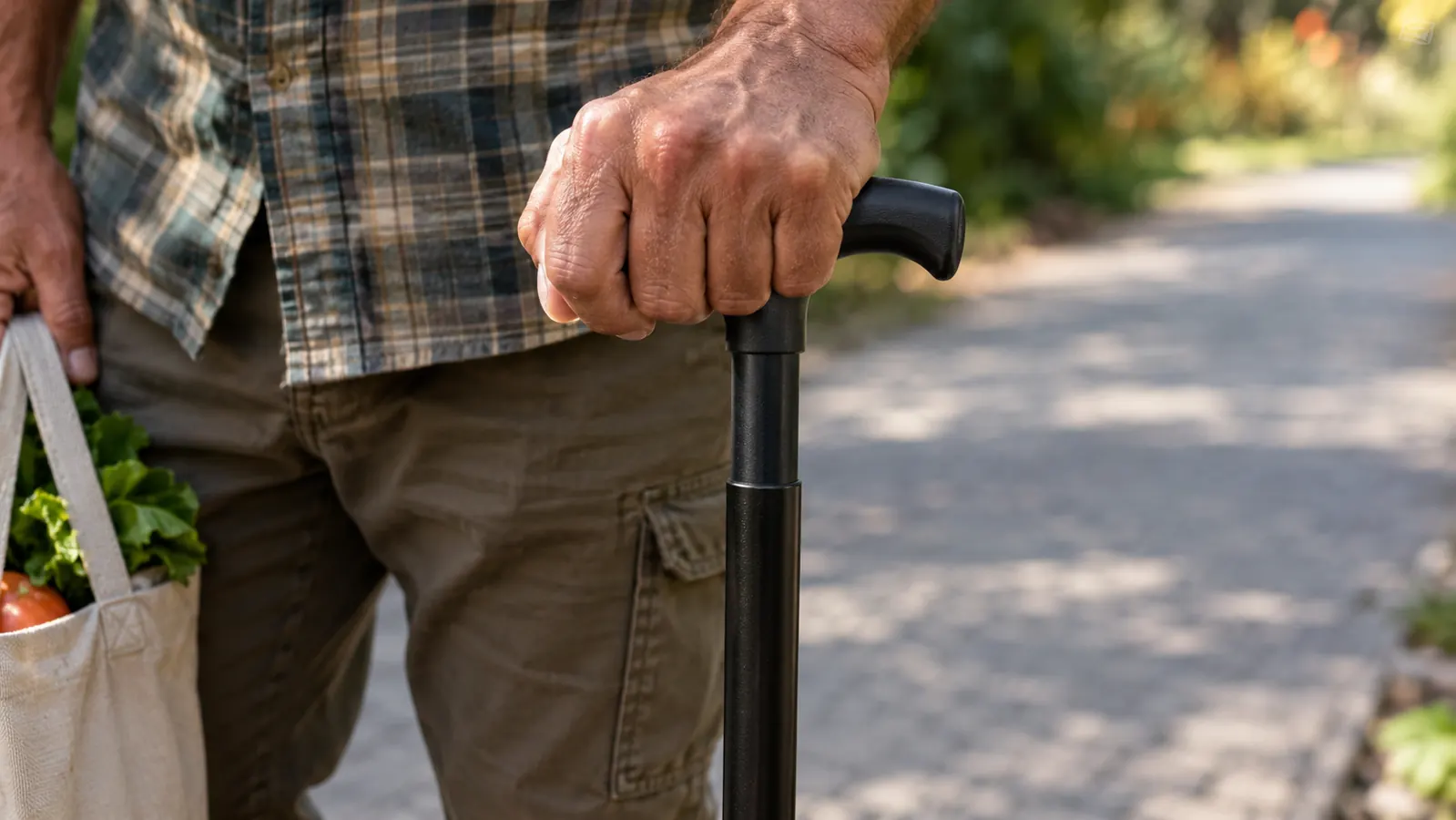 A hand gripping the T handle of a folding cane while it rests on a paved path
