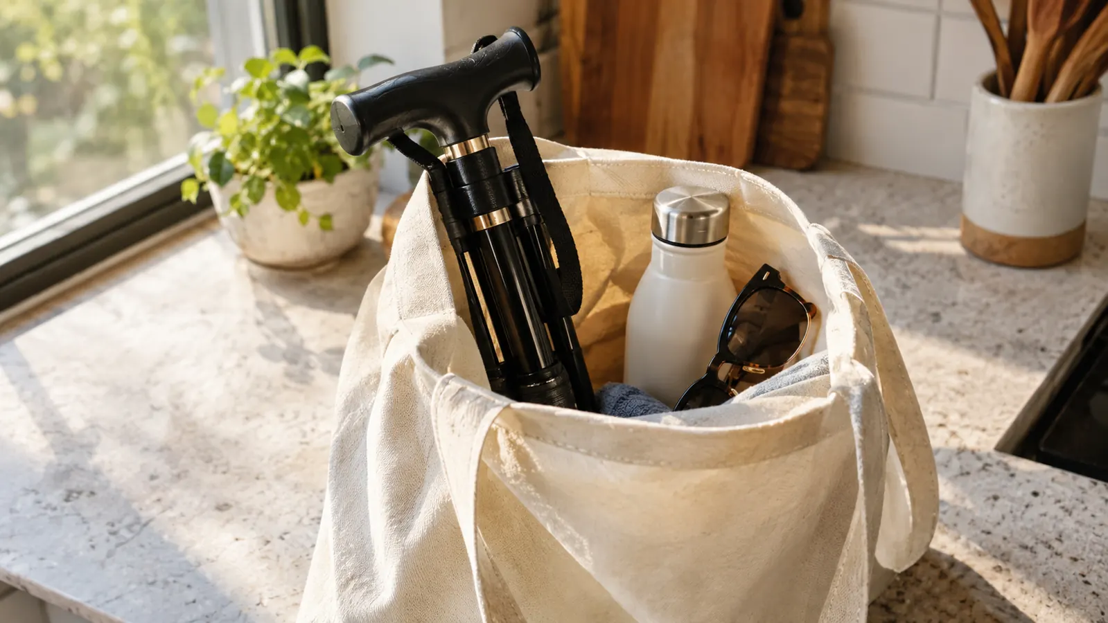 An open canvas tote bag on a kitchen counter with a folded walking cane tucked inside
