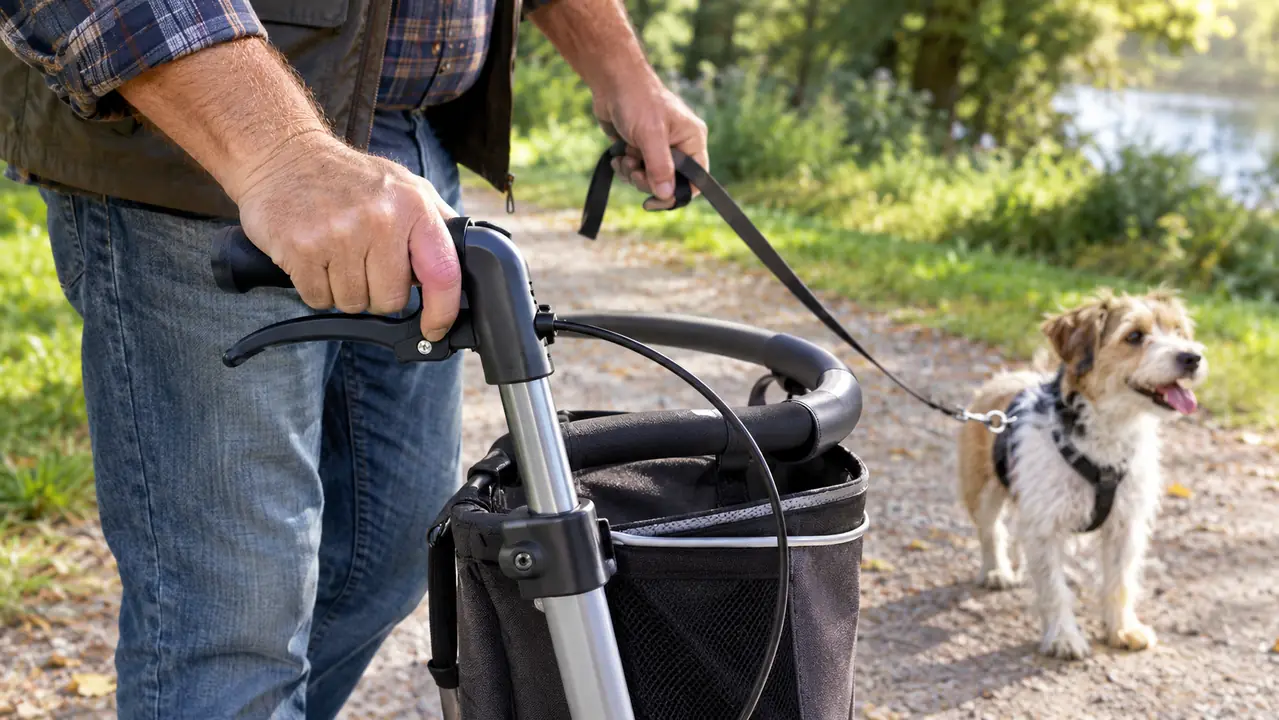 A hand pressing the brake lever on a rollator walker while a small dog waits at the end of the leash