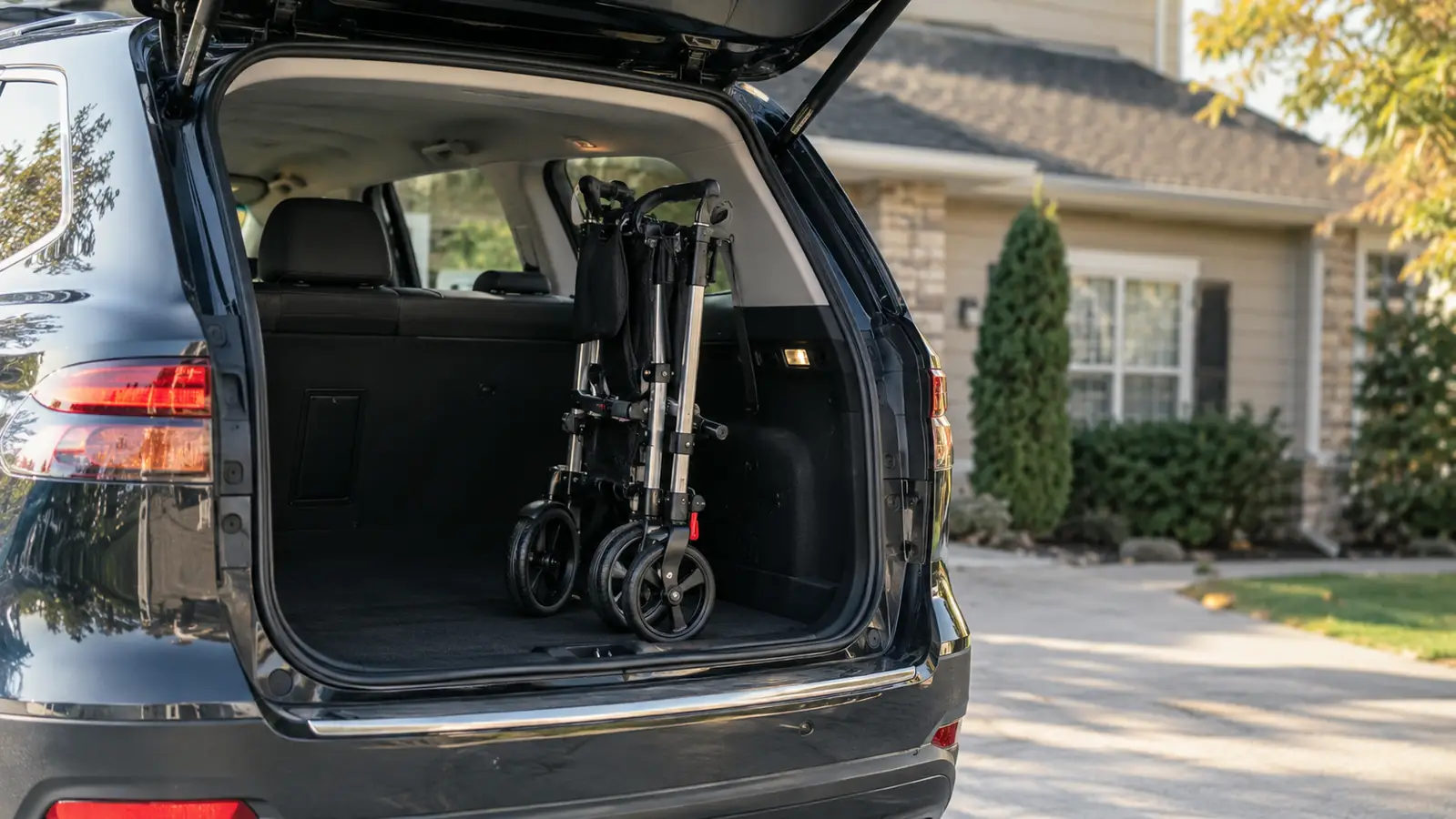 A folded rollator walker standing upright in the open back of a parked SUV in a driveway