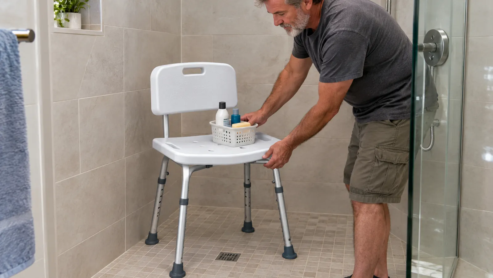 A shower chair with padded armrests and back placed inside a walk-in shower beside a basket of bath supplies