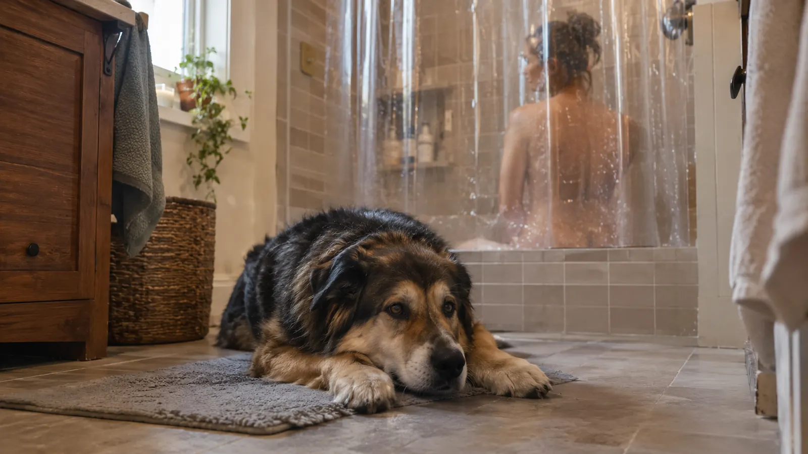 A large dog lying on a bath mat outside a tiled shower while a woman showers