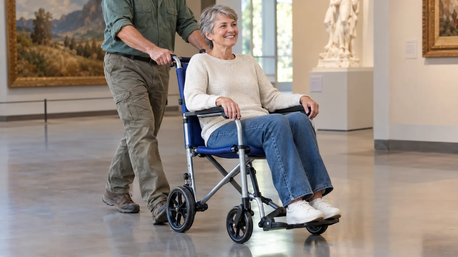 A woman in her late fifties seated in a folding transport chair being pushed across a smooth museum floor