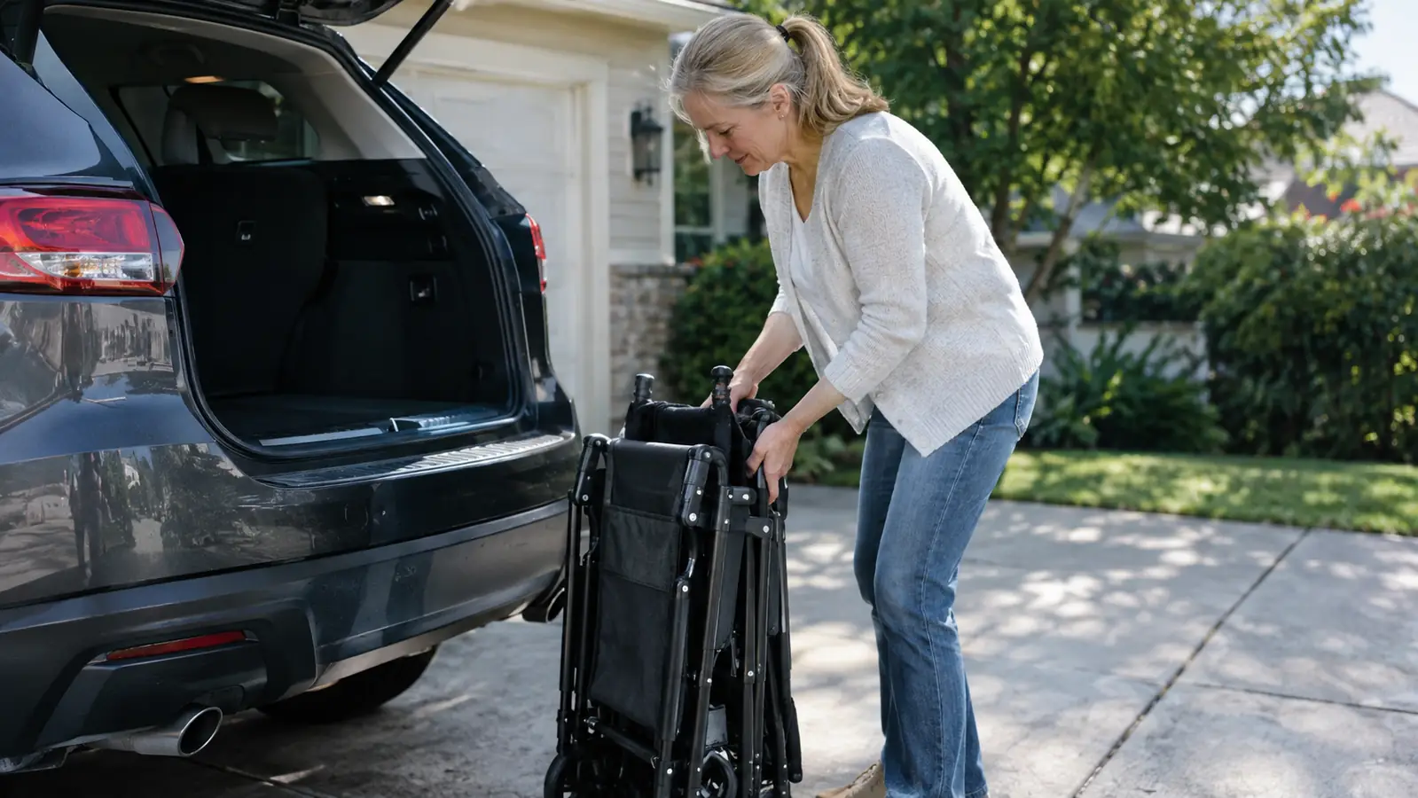 A folding transport chair folded flat next to an open car trunk in a driveway, a woman steadying it