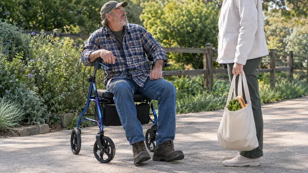 A person resting on the padded seat of a rollator walker while a companion carries a shopping bag, outdoors in soft afternoon light