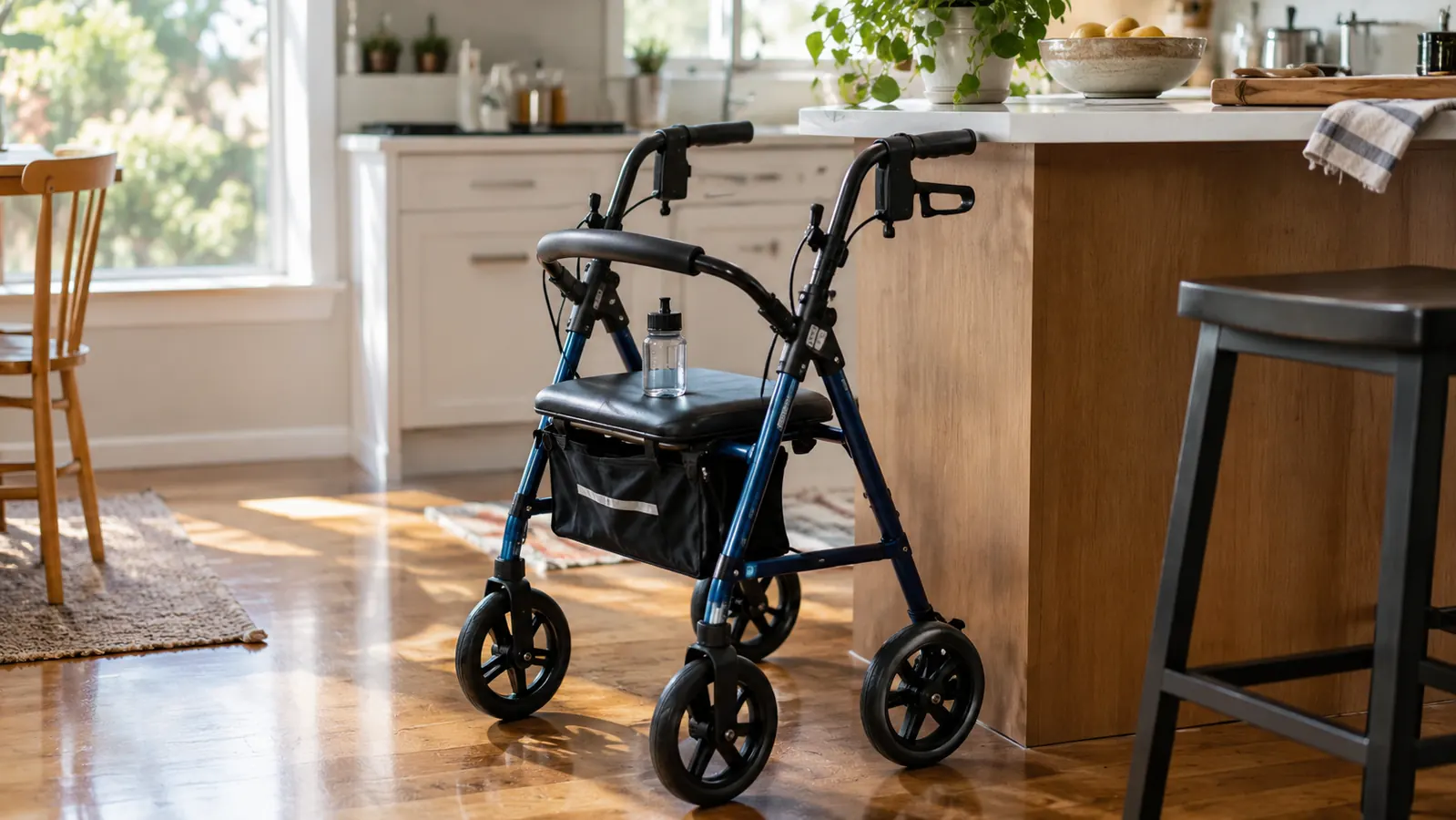 A rollator walker parked in a bright kitchen by a counter, the padded seat folded down, a water bottle resting on the seat