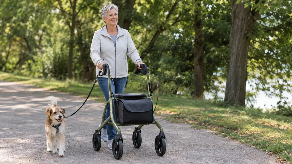 A woman in her late fifties pushing a rollator along a paved path, a small dog on a leash walking beside her