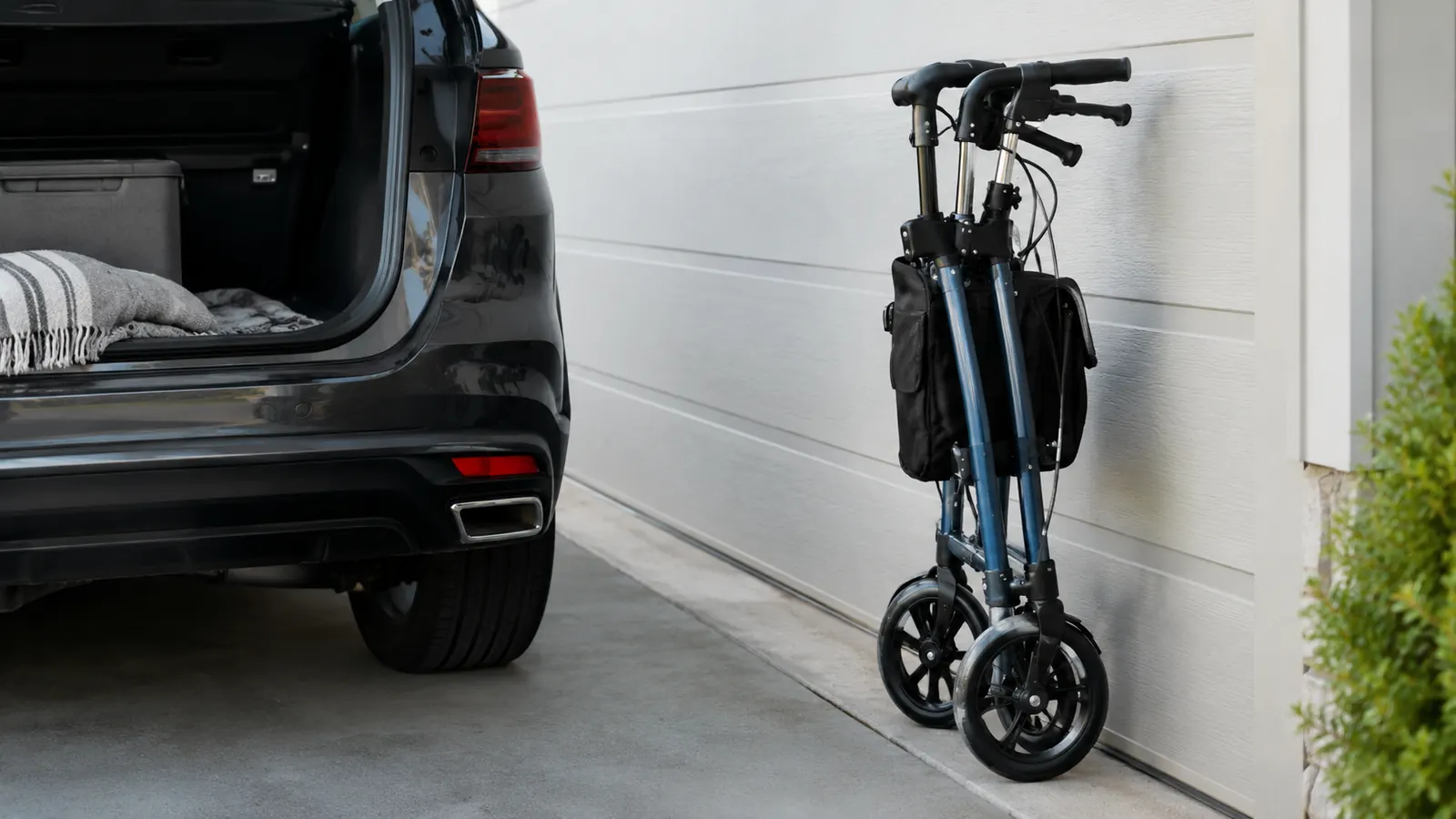 A folded rollator standing upright against a garage wall with an open car trunk beside it