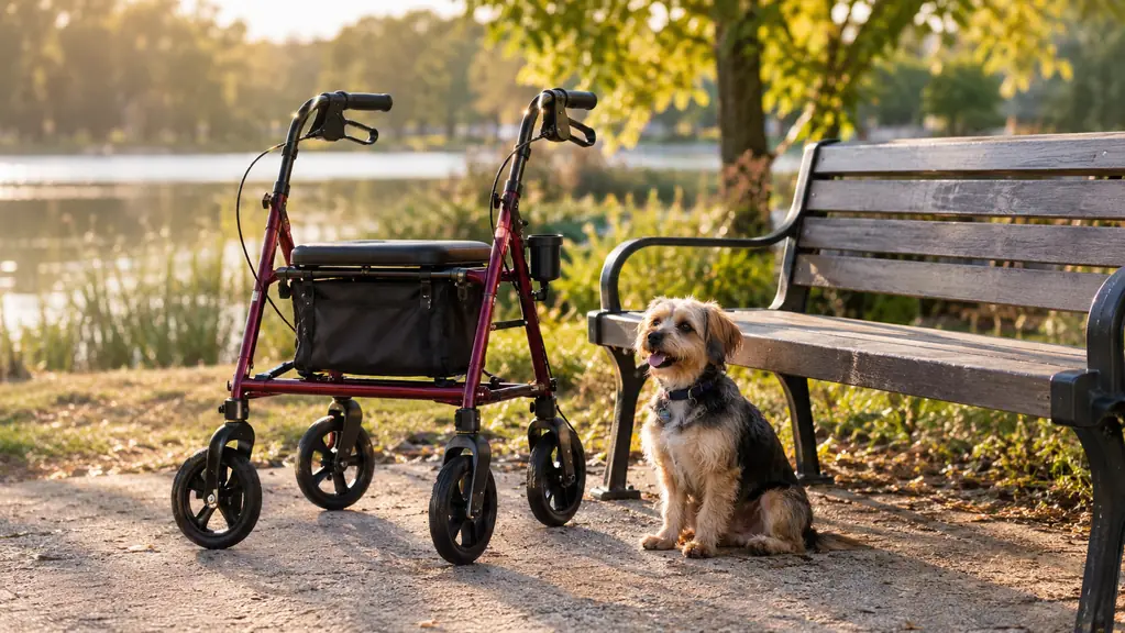 A rollator parked beside a park bench with a small dog sitting nearby
