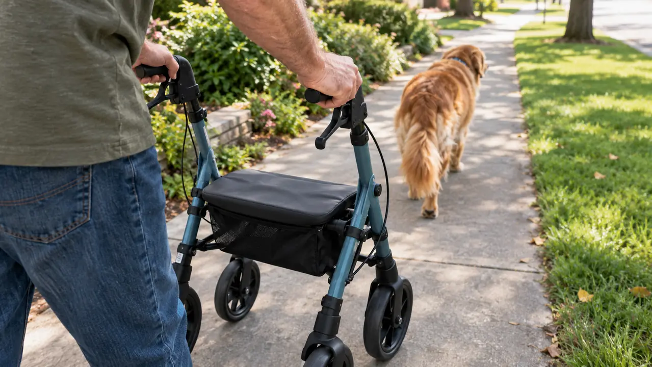 Hands gripping the rollator handles while walking on a sidewalk