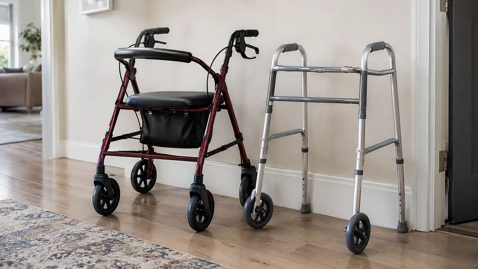 Two mobility aids side by side against a wall: a rollator with wheels and a padded seat, and a standard walker with glide tips