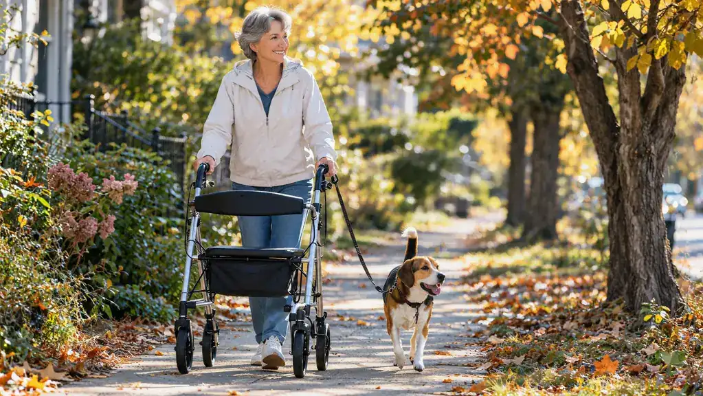 A woman in her late fifties walking with a rollator along a neighborhood sidewalk beside a small dog on a leash