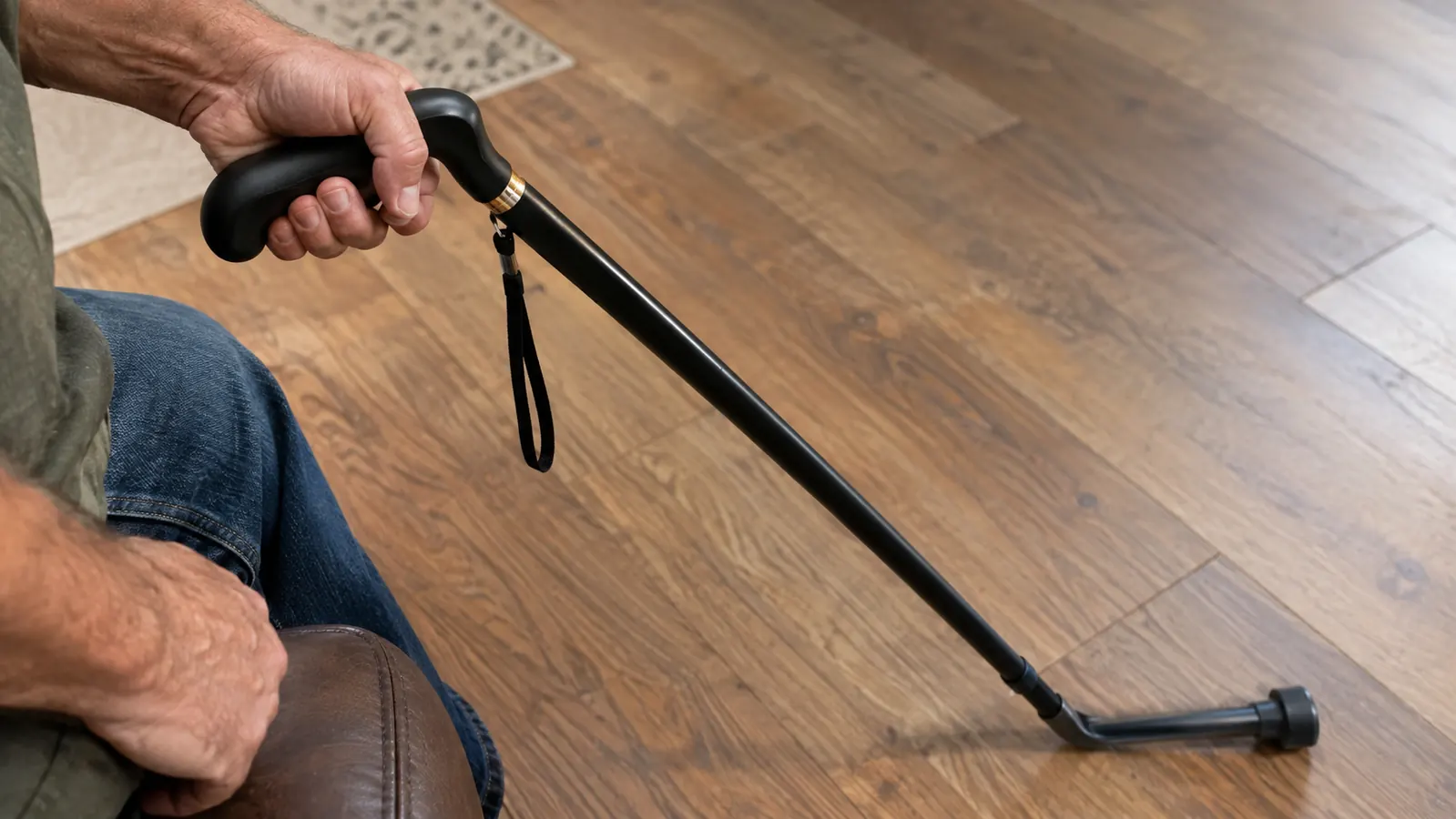 A hand gripping the handle of a cane while the cane rests on a wood floor