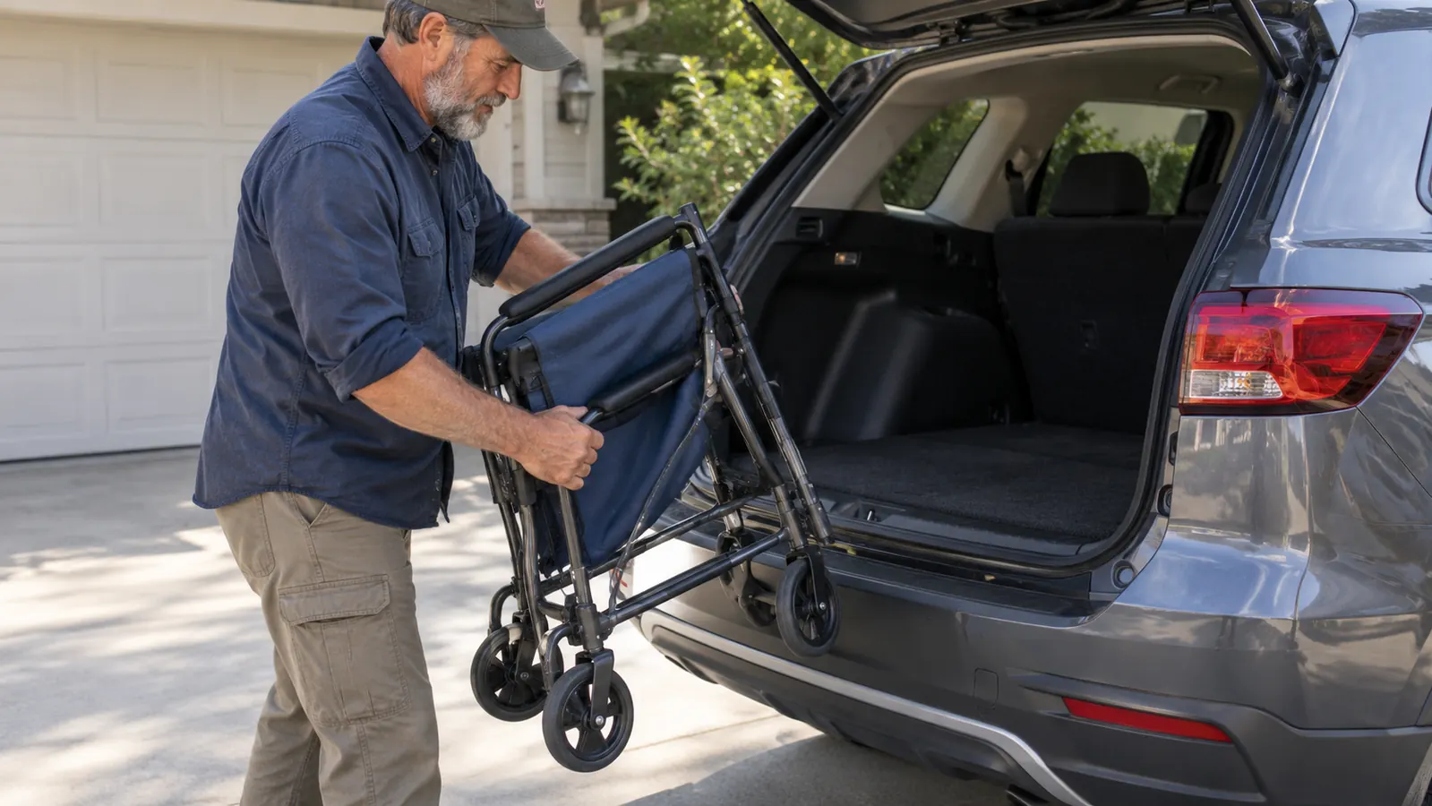 A hand folding a transport chair's frame and lifting it toward the open hatch of a compact SUV