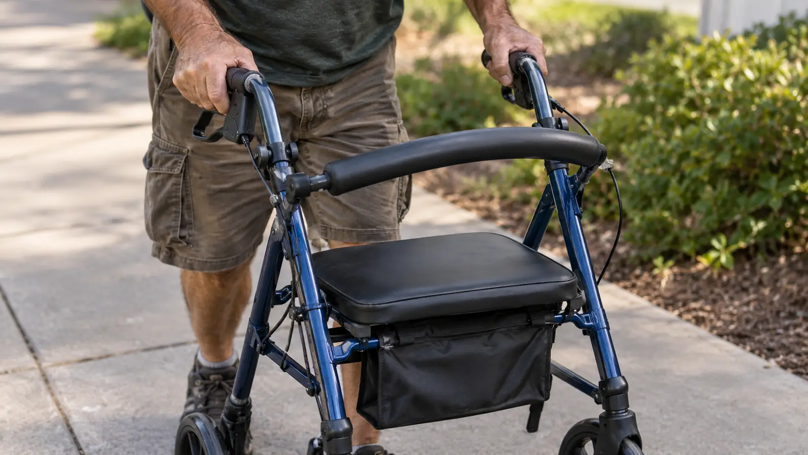 Hands gripping the handles of a rollator while walking on a sidewalk, a small bag hanging from the frame