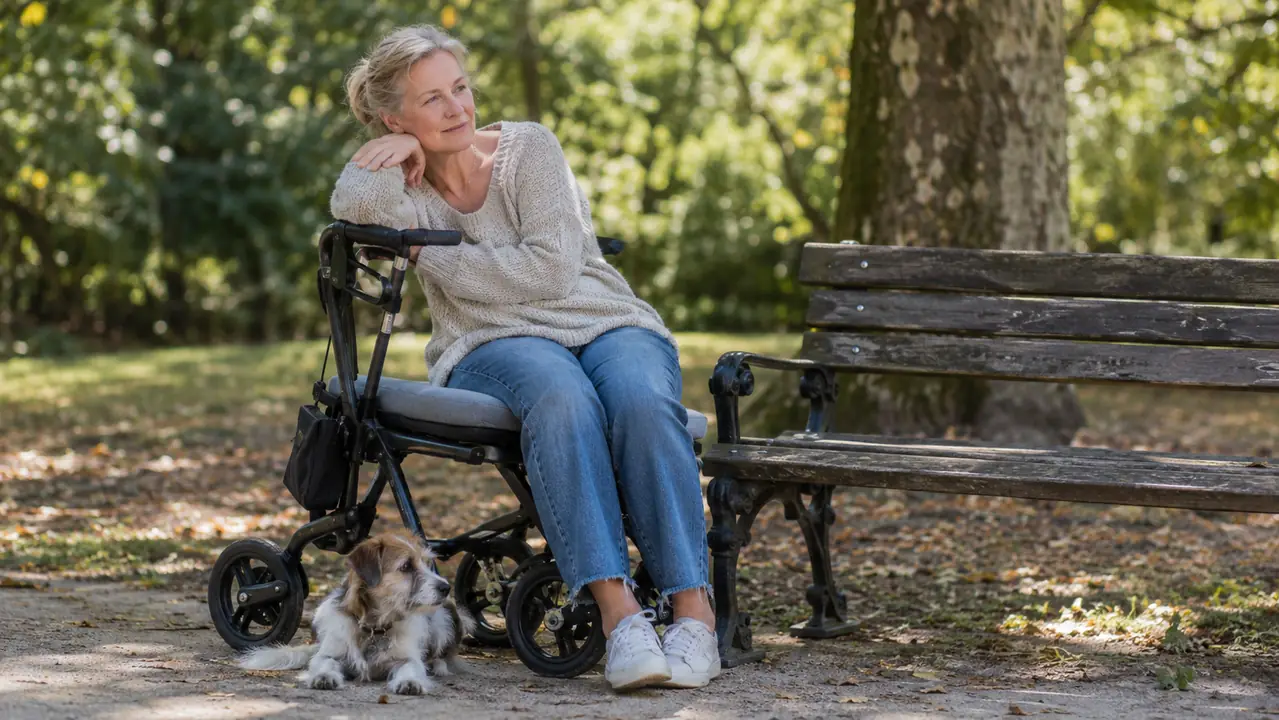 A woman sitting on the padded seat of a rollator parked beside a park bench, a small dog resting at her feet