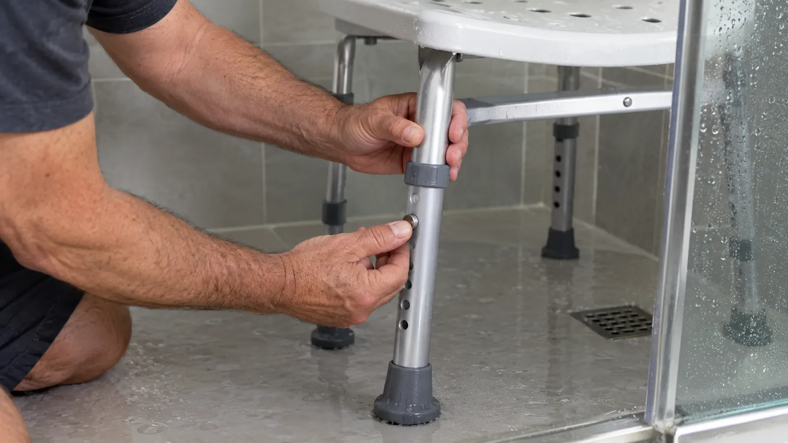A hand adjusting the height of a shower chair leg inside a walk-in shower
