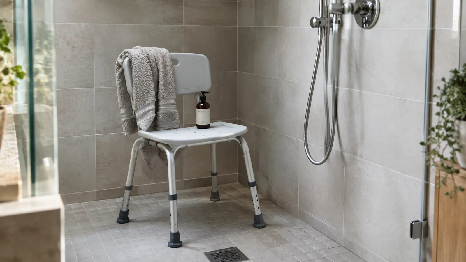 A shower chair with a towel draped over the backrest, a bottle of soap on the seat