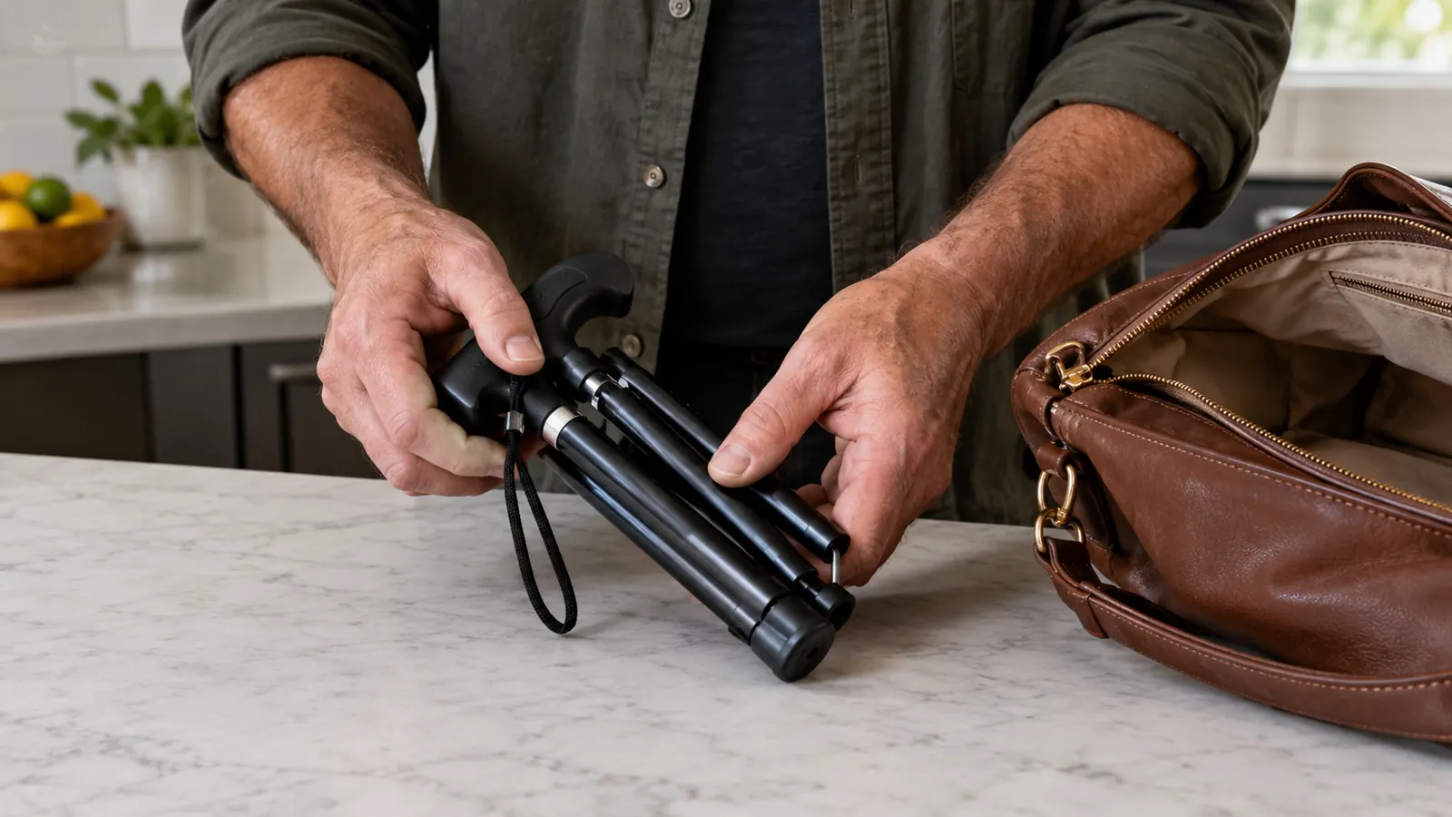 A woman's hands folding the cane into its compact folded position on a kitchen counter, with a purse open beside it