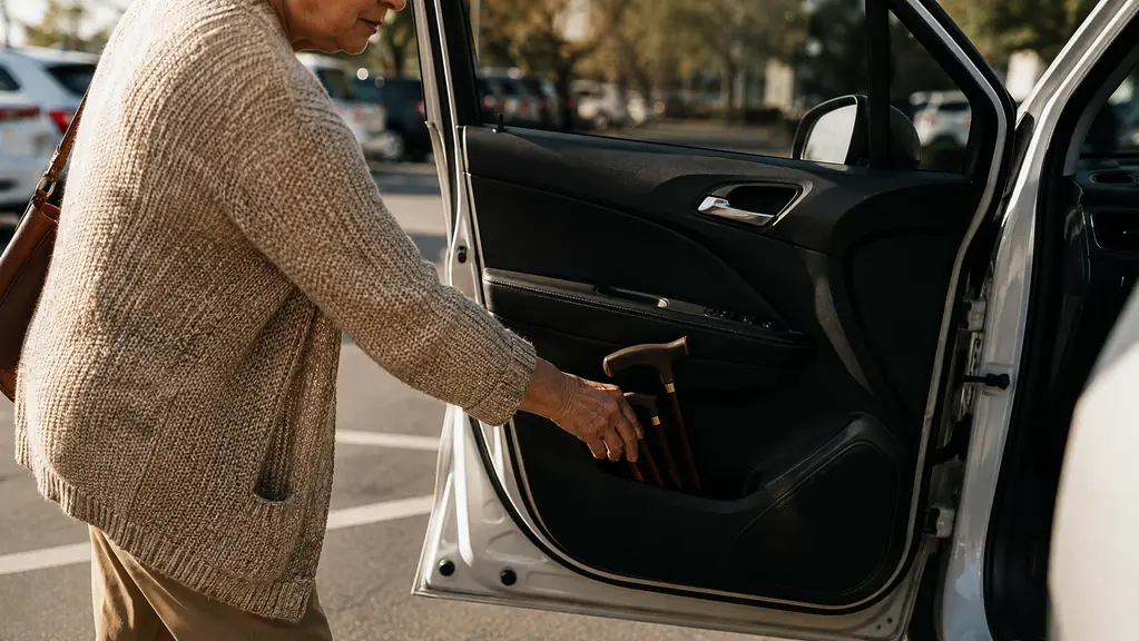A folded cane tucked in the door pocket of a compact SUV, a woman's hand reaching for it in a parking lot in late afternoon light