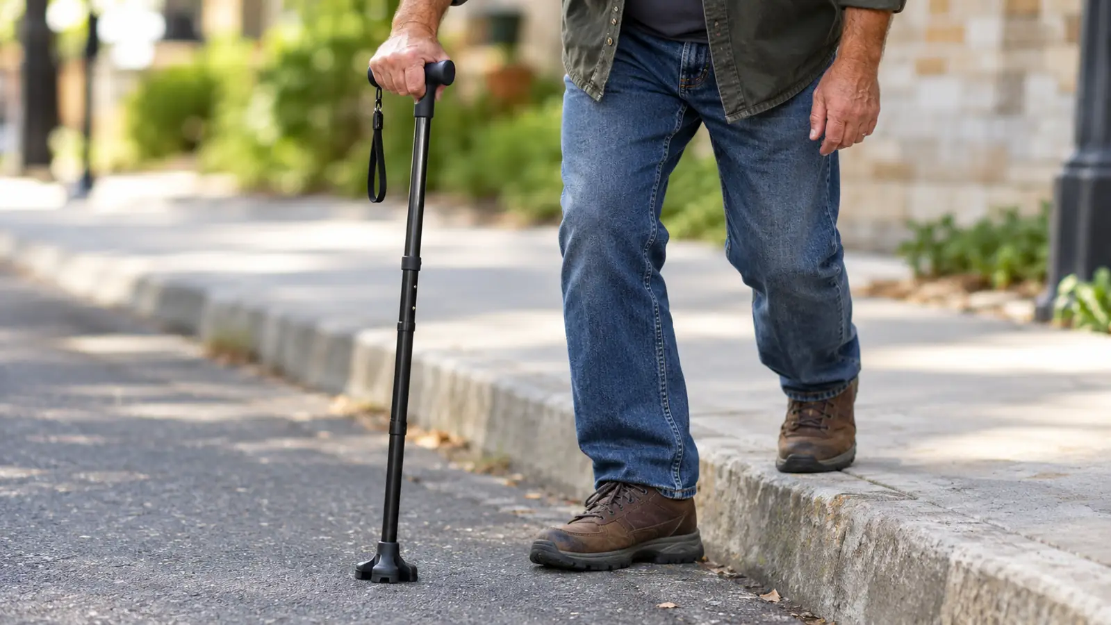 Close view of a hand gripping the T handle of a folding walking cane while the base rests on a sidewalk