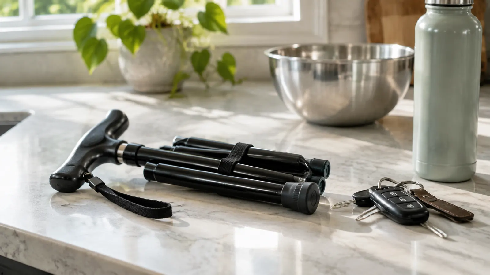 The folding walking cane collapsed on a kitchen counter next to car keys and a water bottle
