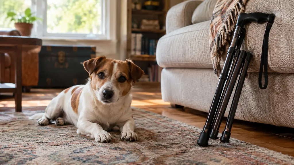 A small dog lying on a rug next to a folded cane resting against a couch