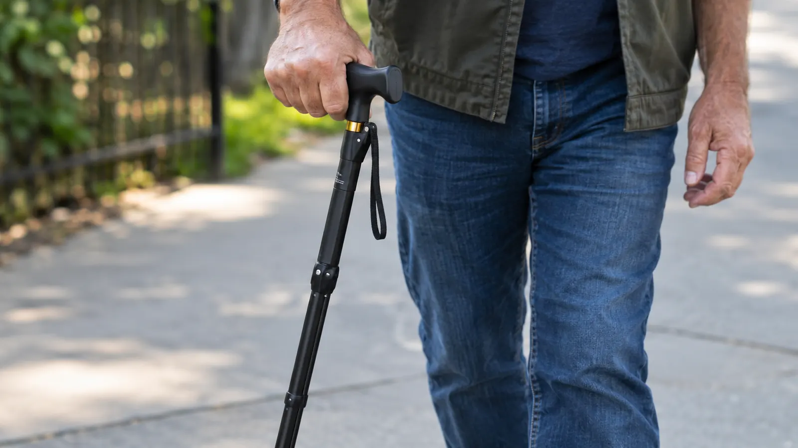 A woman's hand gripping the T-shaped handle of a foldable cane while she walks on a sidewalk