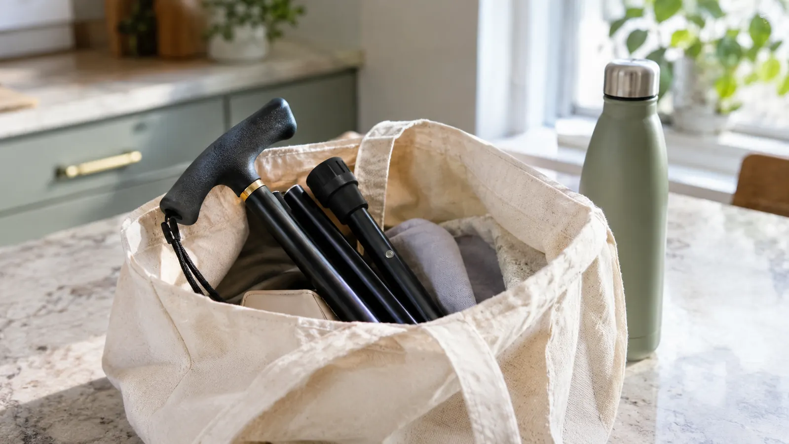A foldable cane collapsed into three sections resting in an open tote bag next to a water bottle on a kitchen counter
