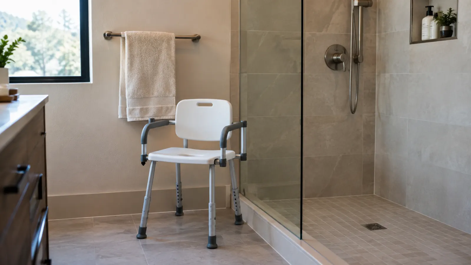 A shower chair with a back and armrests standing on a bathroom floor beside a walk-in shower