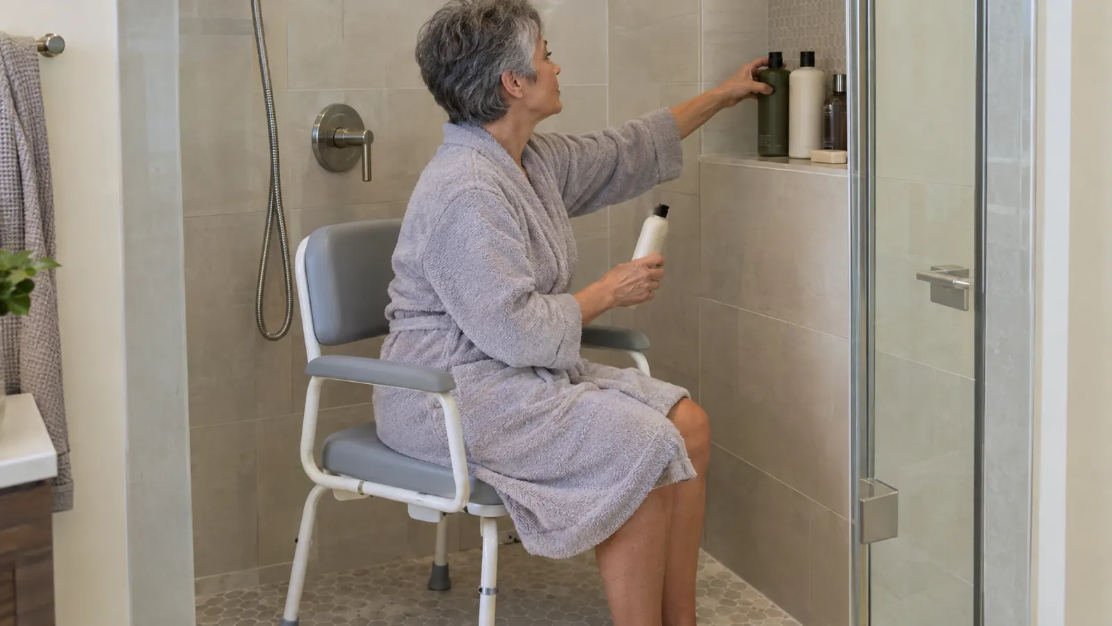 A woman in her late fifties in a bathrobe sitting on a shower chair with padded armrests in a walk-in shower