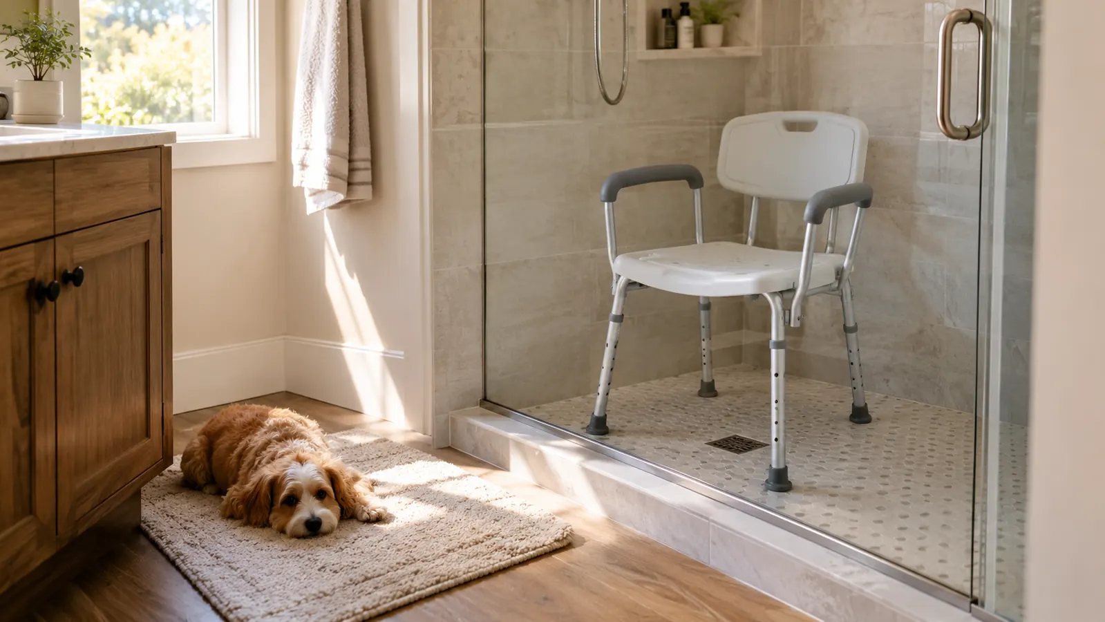 A shower chair with padded armrests standing in a walk-in shower, with a small dog lying on a bathmat outside the shower.