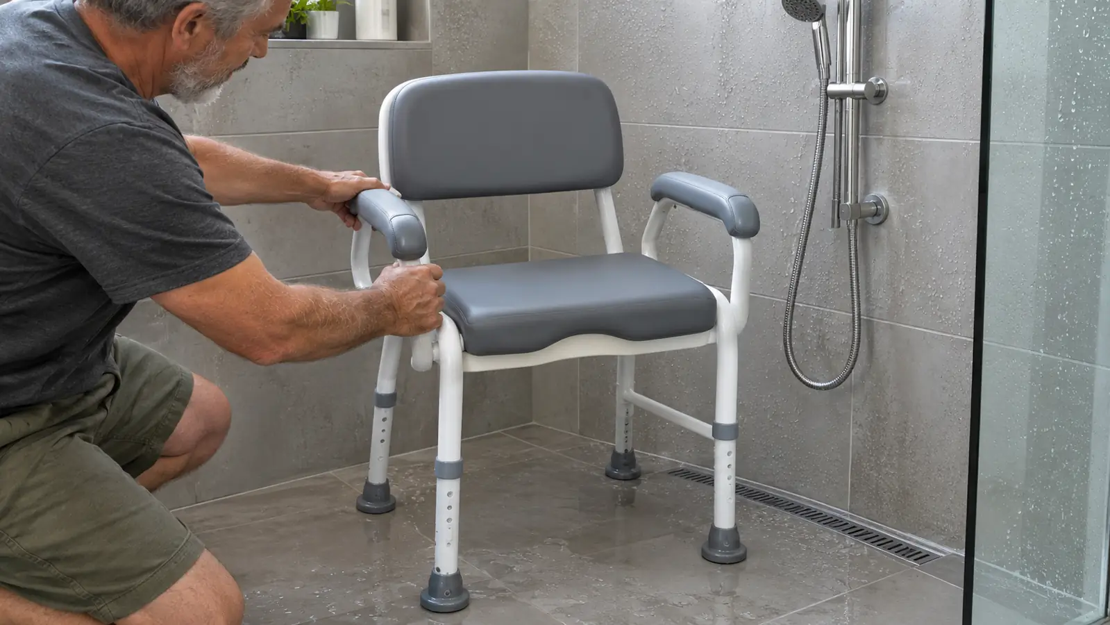 A shower chair with padded armrests and a back stands in a walk-in shower beside a handheld shower head