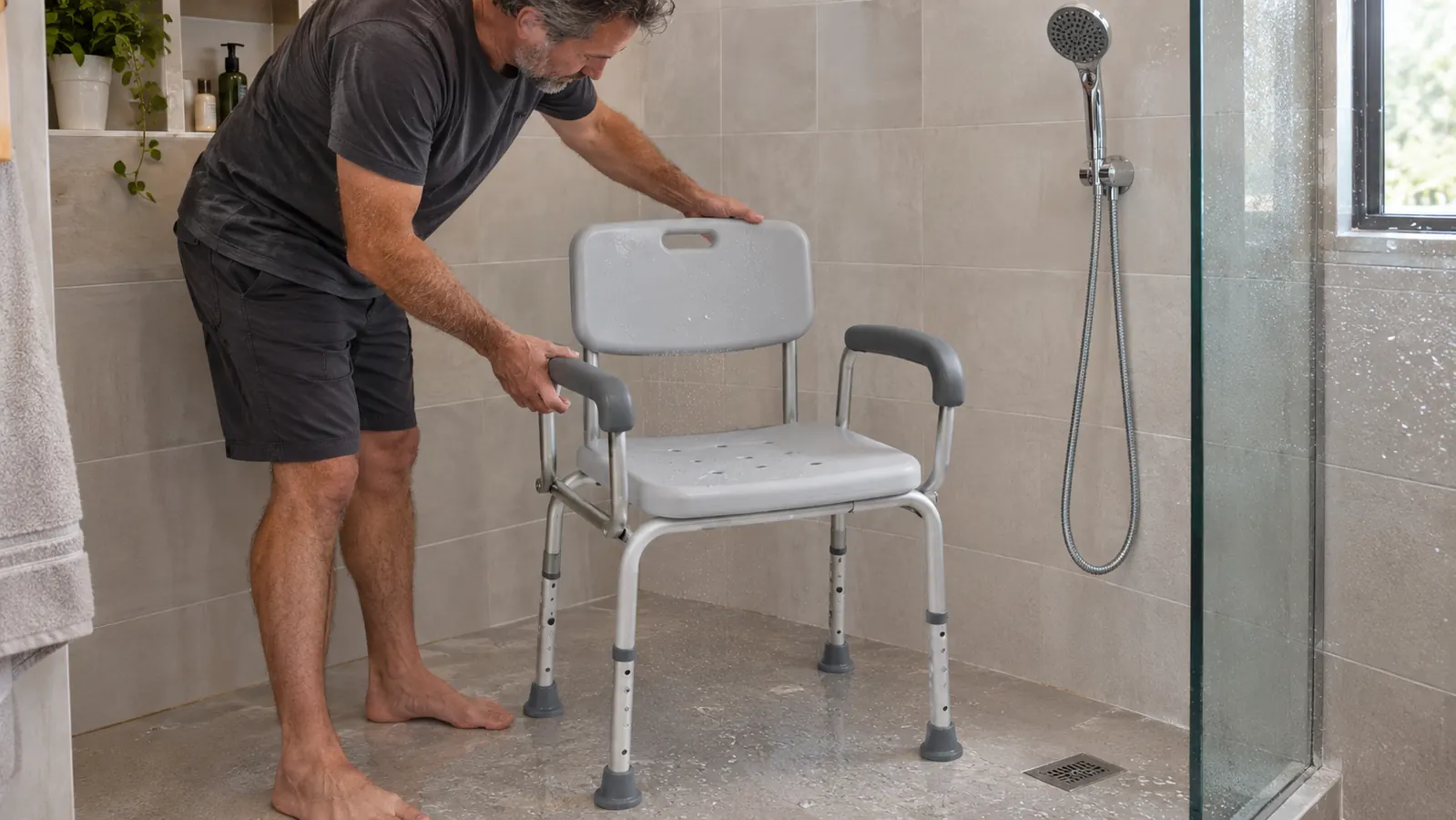 A shower chair with padded armrests and back placed inside a walk-in shower