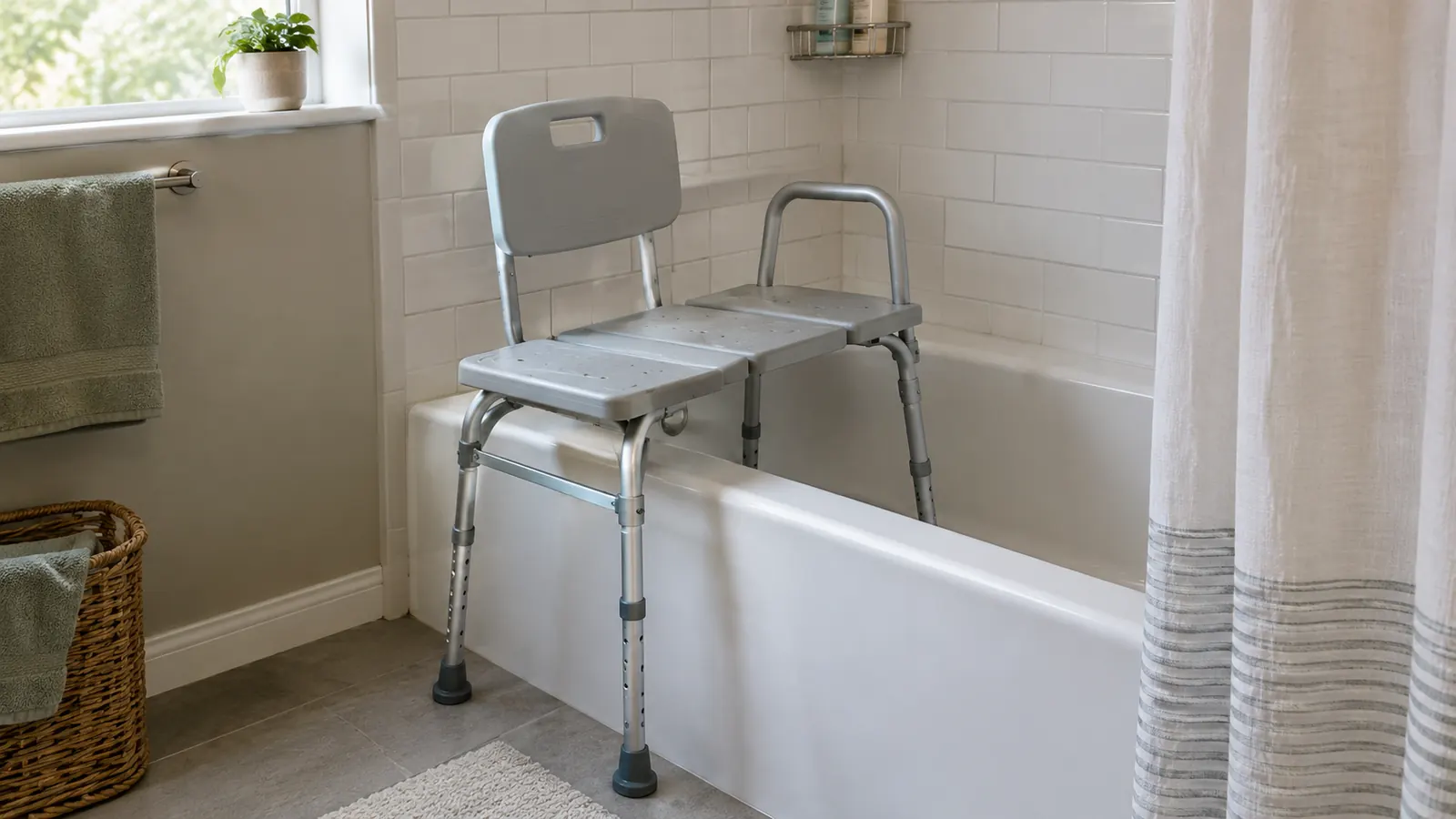 A transfer bench with its seat spanning the bathtub wall, legs inside and outside the tub