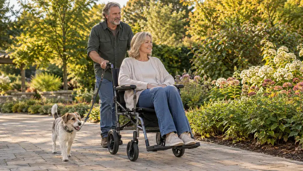 A woman seated in a transport chair on a paved garden path, a man pushing from behind, a small dog on a leash walking beside