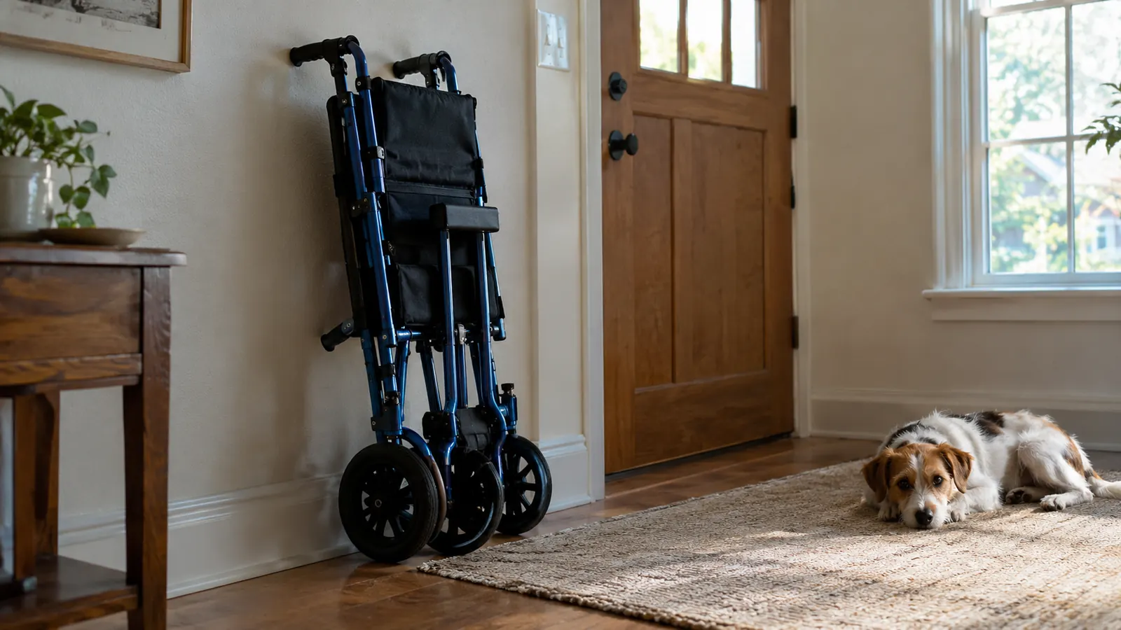 A folded lightweight transport chair leaning against an interior wall near a front door, a small dog lying on the floor nearby