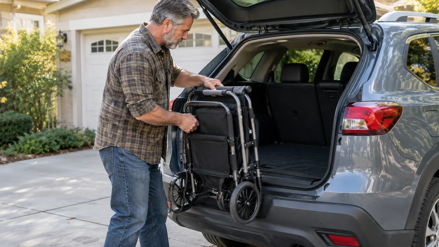 A person folding a lightweight transport chair at the back of an SUV