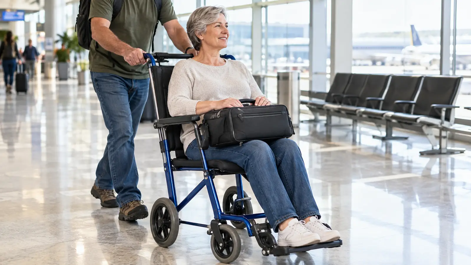 A woman in her late fifties sitting in the transport chair while a man pushes it across a level airport concourse