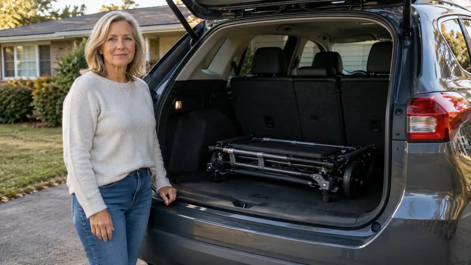 A woman in her late fifties standing beside the folded transport chair in the open back of a compact SUV