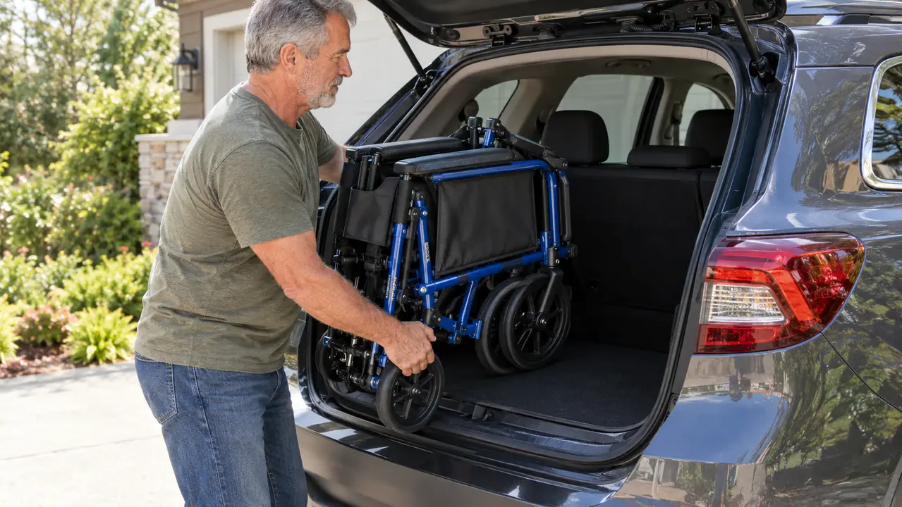 A man lifts a folded transport chair into the open back of a compact SUV