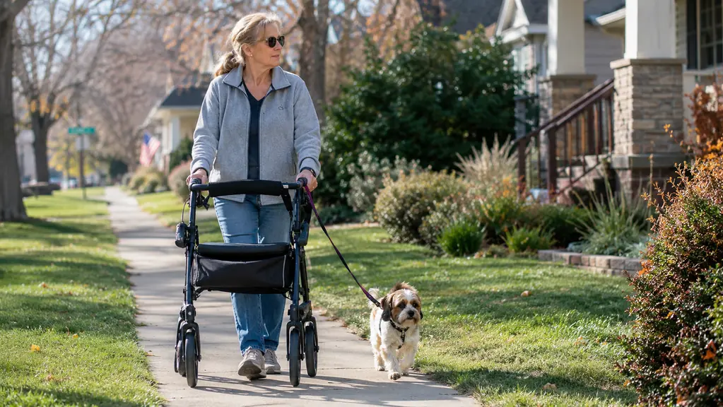 A woman walks beside a small dog on a neighborhood sidewalk using a rollator walker