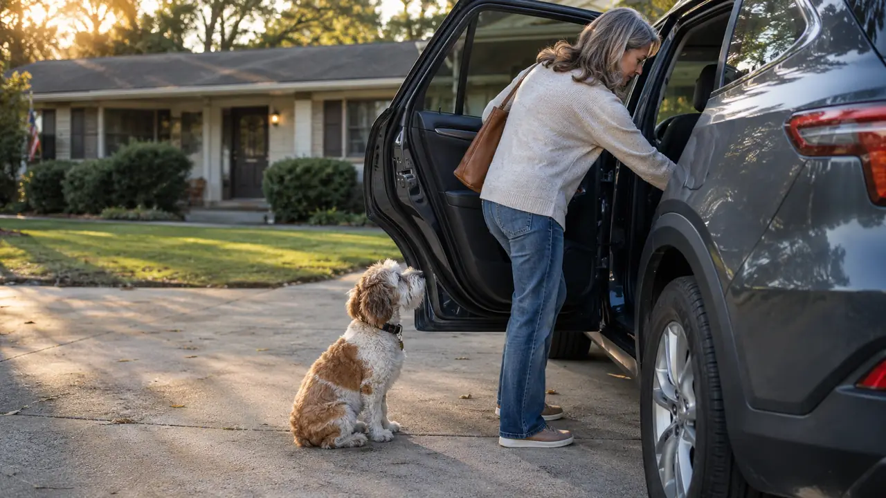 A small dog waits beside an open car door in a driveway while a woman reaches toward the seat.