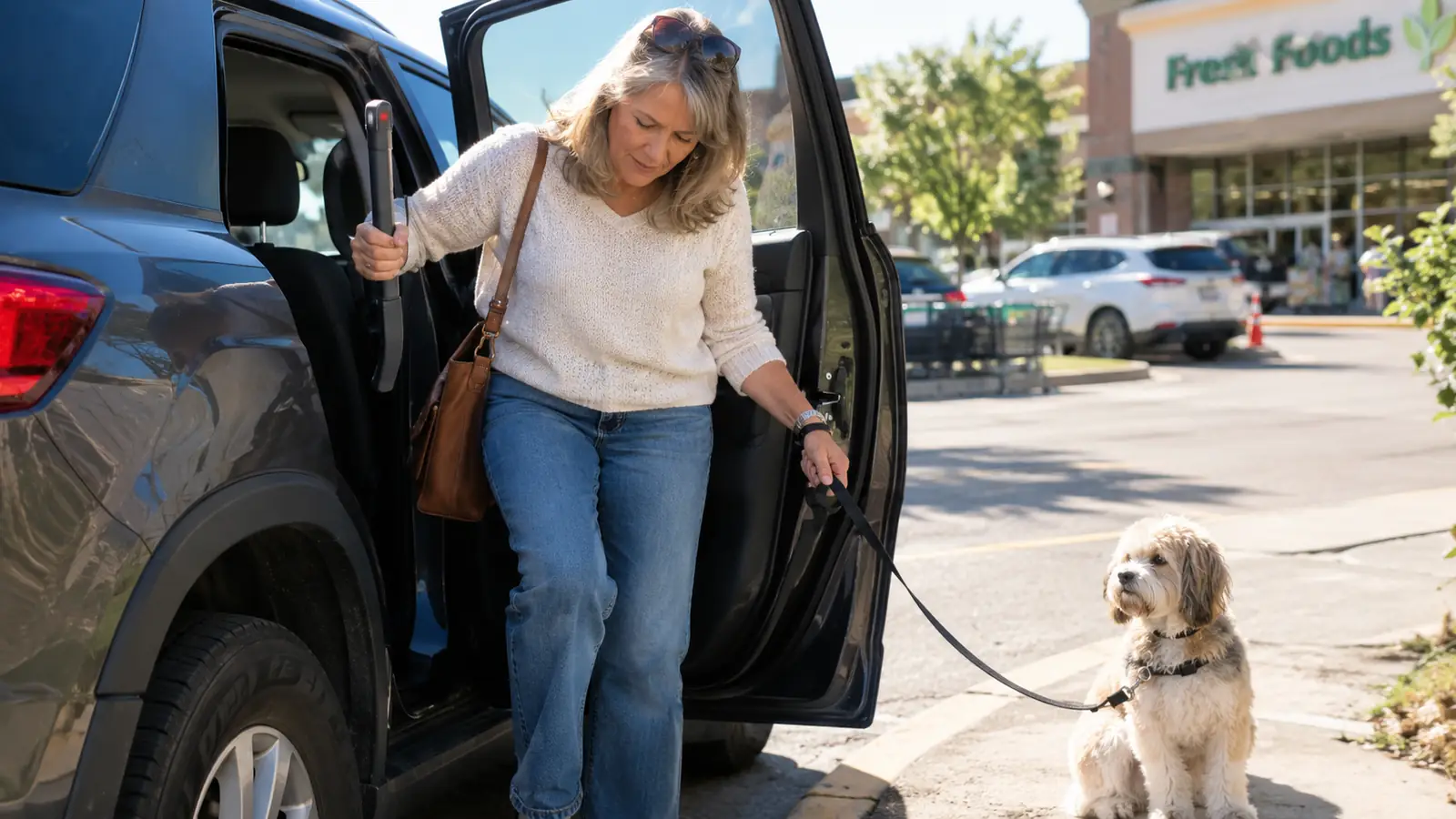A woman in her late fifties stepping out of an SUV in a parking lot using a car assist handle while a small dog waits on the sidewalk.