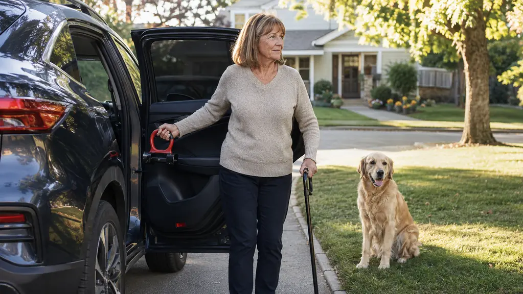A woman standing beside an open car door in a driveway, holding a portable handle with one hand and a cane in the other